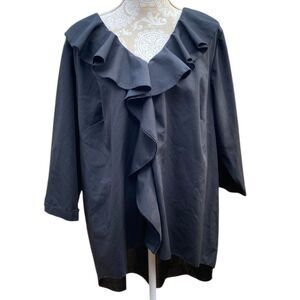 Ashley Stewart Black Hi-Low Ruffle Tunic Top Plus Size 20 V-Neck 3/4 Sleeve